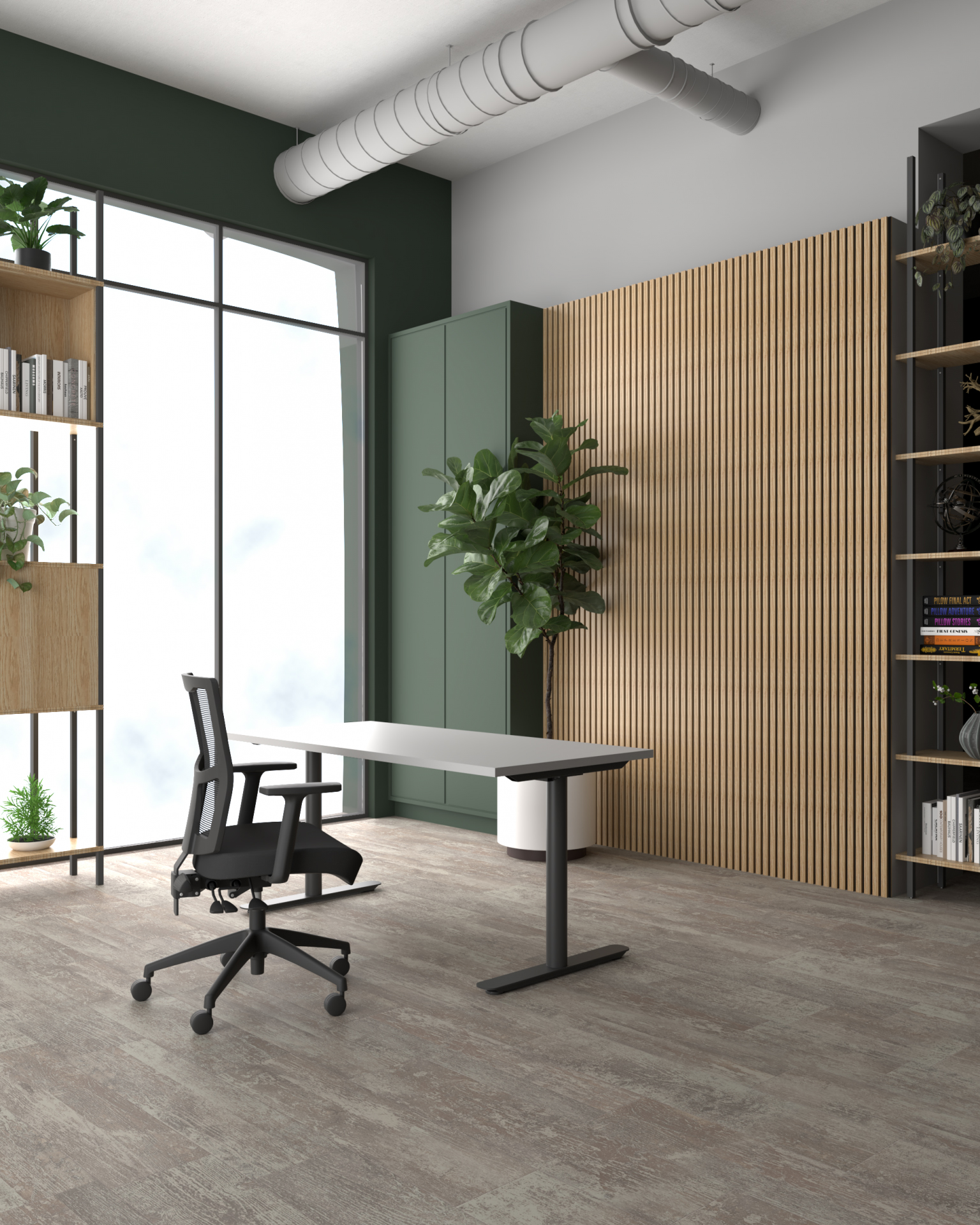 AcoustiQ Wooden Slat Panels_OLG__Agile_Fixed_Round_Leg_SSD_WB_with_Urban_Mesh_AcoustiQ_Wooden_Slats