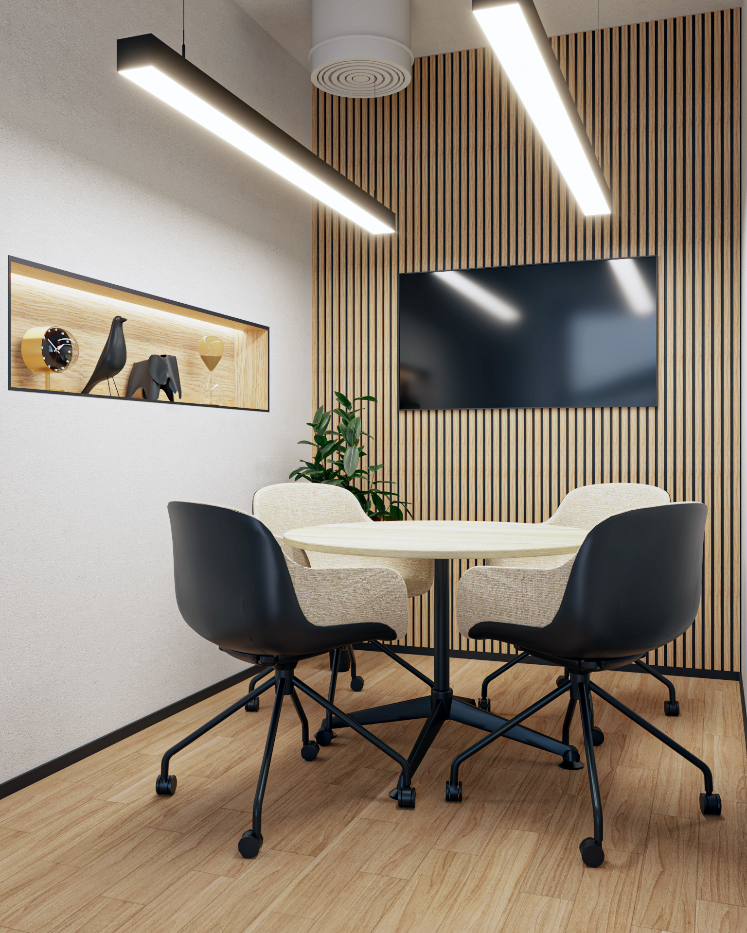 AcoustiQ Wooden Slat Panels_OLG_Modulus_Allblack_Meeting_ Table_with_Venice_YK_Acoustiq_Wall_Wooden_Slats